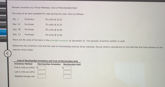 Periodic Inventory by Three Methods; Cost of Merchandise Sold The units of an item available for sale during the year were as
