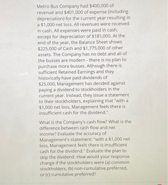 Metro Bus Company had $400,000 of revenue and $401,000 of expense (including depreciation) for the current year resulting in