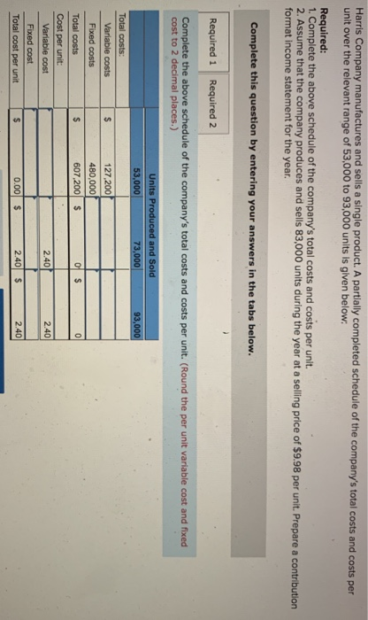 Harris Company manufactures and sells a single product. A partially completed schedule of the companys total costs and costs