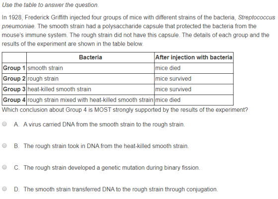 Use the table to answer the question. In 1928, Frederick Griffith injected four groups of mice with different strains of the