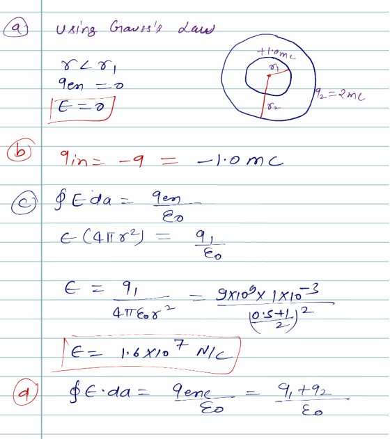 using Gausss law thome rir qen =0 LE=0 mi 9in= -9 = -1.0mc & Eda = gem E(4102) = que 6 = 91 4TTEor 2 - 9X100 x 1x103 TOI +12