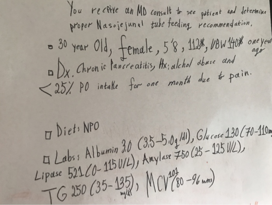 Proper Nasvje jun l tube fekiny reamendtin 30 year y Ttmdle,58 one yea Chron ic anreatitis, hialehel dbure and <25% PO intake