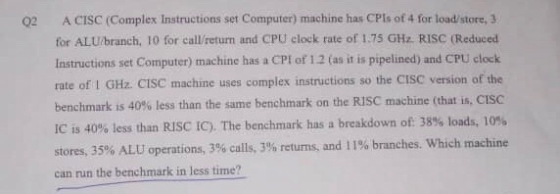 02 A CISC (Complex Instructions set Computer) machine has CPls of 4 for loadstore, 3 for ALU/branch, 10 for call/return and C