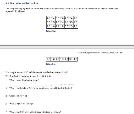 5.2 The Uniform Distribution Use the following information to answer the next ten questions. The data that follow are the squ