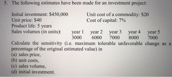 5. The following estimates have been made for an investment project: Initial investment: $450,000 Unit price: $40 Product life: 5 years Sales volumes (in units): ye Unit cost of a commodity: $20 Cost ofcapital: 790 year 2 year 3 year 4 year 5 3000 6000 7000 8000 7000 Calculate the sensitivity (i.e. maximum tolerable unfavorable change as a percentage of the original estimated value) in (a) sales price, (b) unit costs (c) sales volume, (d) initial investment.