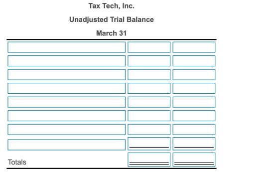 Tax Tech, Inc. Unadjusted Trial Balance March 31 Totals