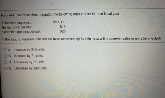 Richland Enterprises has budgeted the following amounts for its next fiscal year: Total fixed expenses Selling price per unit