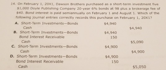 14. On February 1, 20x1, Dawson Brothers purchased as a short-term investment five $1,000 Doyle Publishing Company 20-year 6% bonds at 98 plus a brokerage fee of $40. Bond interest is paid semiannually on February 1 and August 1. Which of the following journal entries correctly records this purchase on February 1, 20x1? A. Short-Term Investments-Bonds $4,940 Cash $4,940 B. Short-Term Investments-Bonds $4,940 150 Bond Interest Receivable Cash $5,090 C. Short-Term Investments-Bonds $4,900 Cash $4,900 D. Short-Term Investments-Bonds $4,900 150 Bond Interest Receivable Cash $5,050