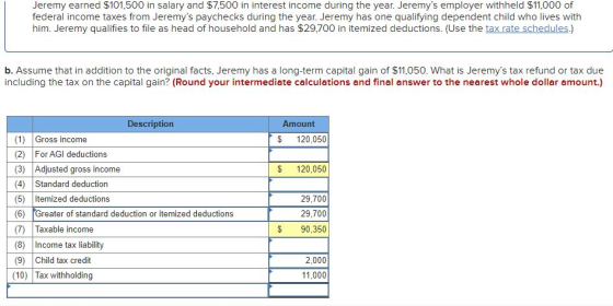 Jeremy earned $101,500 in salary and $7,500 in interest income during the year. Jeremys employer withheld $11,000 of federal