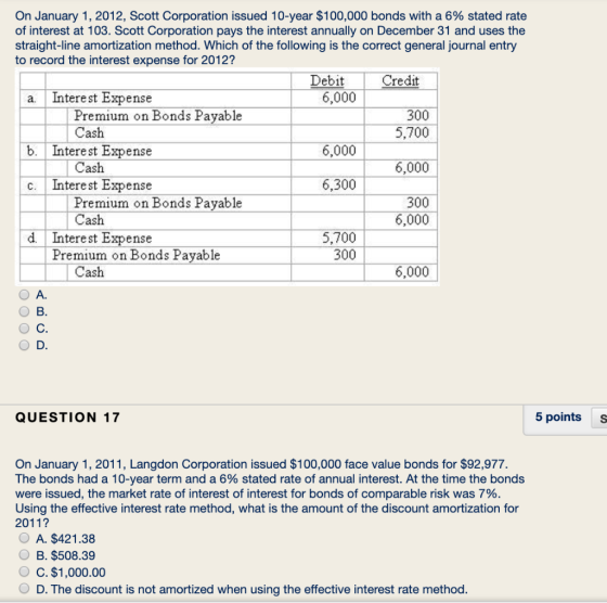 On January 1, 2012, Scott Corporation issued 10-year $100,000 bonds with a 6% stated rate of interest at 103. Scott Corporati