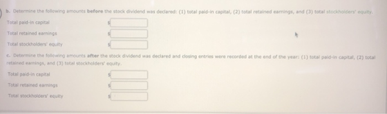 b. Determine the following amounts before the stock dividend was declared: (1) total pald-in capital, (2) total retained earn