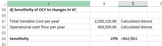 59 d) Sensitivity of OCF to changes in VC 2,020,110.00 Calculated Above 459,559.00 Calculated Above 61 Total Variable Cost pe