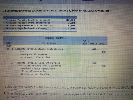 Assume the following account balances at January 1, 2019, for Bioplast Jewelry, Inc Accounts Payable (control account) Accoun