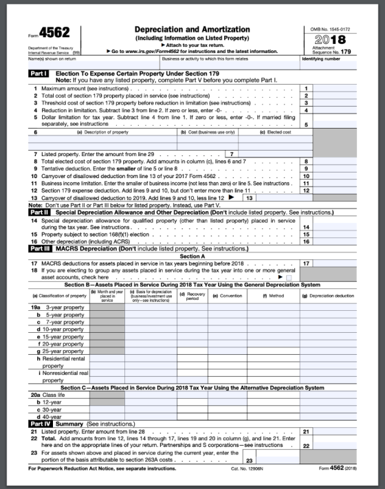 OMB No 1545-0172 Form 4562 Depreciation and Amortization (Including Information on Listed Property) Attach to your tax return