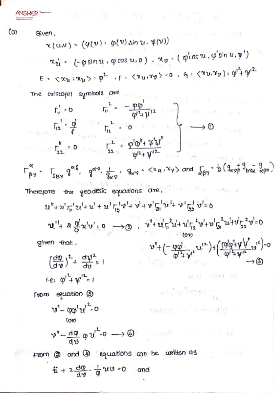 ANSNER Cas Given sin2, g cos u, o ) , ^p - (9los u, sin u, y) v.Ty) 2 The cstofel symbols ae O 22 22 a aXy> and Therepore t