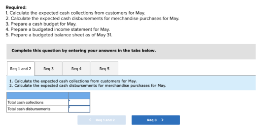 Required: 1. Calculate the expected cash collections from customers for May. 2. Calculate the expected cash disbursements for