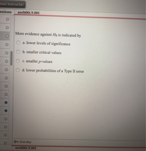 mail Instructor estions aseb06t.9.001 More evidence against Ho is indicated by O a. lower levels of significance O b. smaller critical values Oc. smaller p-values d. lower probabilities of a Type II error 0 Icon Key aseb06t.9.001