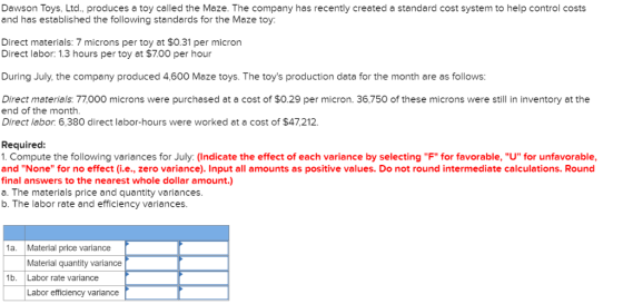 Dawson Toys, Ltd. produces a toy called the Maze. The company has recently created a standard cost system to help control cos