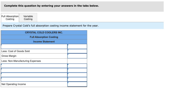 Complete this question by entering your answers in the tabs below. Full Absorption Costing Variable Costing Prepare Crystal C