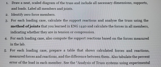 1. Draw a neat, scaled diagram of the truss and include all necessary dimensions, supports, and loads. Label all members and