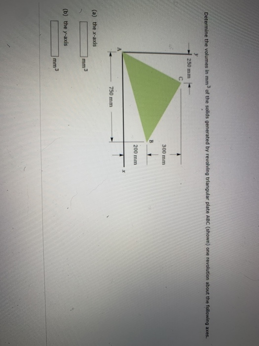 Determine the volumes in mm of the solids generated by revolving triangular plate ABC (shown) one revolution about the follow