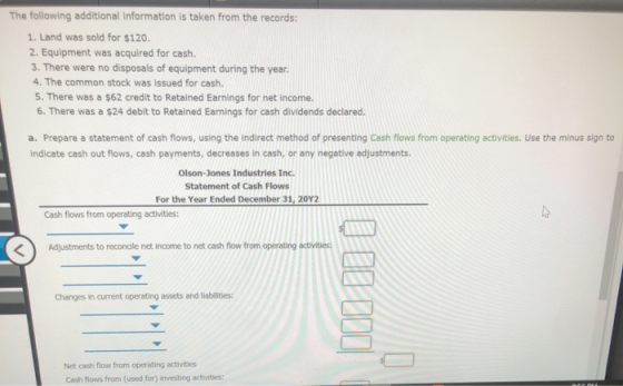 The following additional information is taken from the records: 1. Land was sold for $120. 2. Equipment was acquired for cash