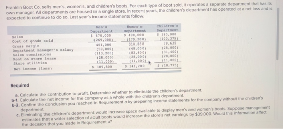Franklin Boot Co sells mens, womens, and childrens boots. For each type of boot sold, it operates a separate department th
