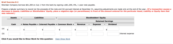 Brief Exercise 8-2 Sheridan Company borrows $61,200 on July 1 from the bank by signing a $61,200, 6%, 1-year note payable. Pr