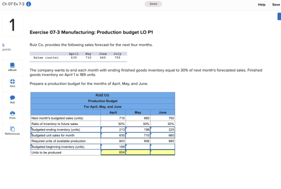 Ch 07 Ex 7-3 i Saved Help Save 1 Exercise 07-3 Manufacturing: Production budget LO P1 Ruiz Co. provides the following sales f