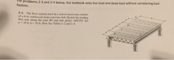 For problems 2-3 and 2-4 below, the textbook adds live load and dead load without considering load factors. 2-3. The floor sy
