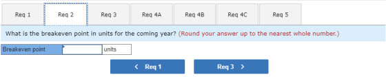 Reg 1 Reg 2 Reg 3 Req 4A Req 4B Reg 4C Reg 5 What is the breakeven point in units for the coming year? (Round your answer up