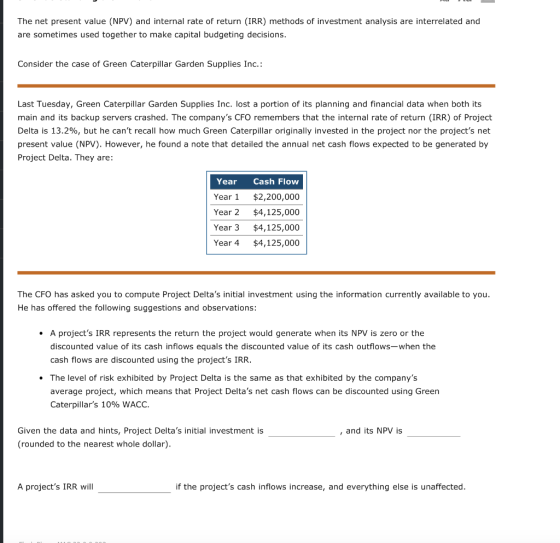 The net present value (NPV) and internal rate of return (IRR) methods of investment analysis are interrelated and are sometim
