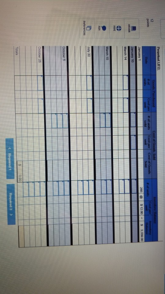 Perpetual LIFO Goods Purchased Cost of Goods Sold Cost per 12 Iventory Baanc points of nits Cost per I ory #of units Cost per
