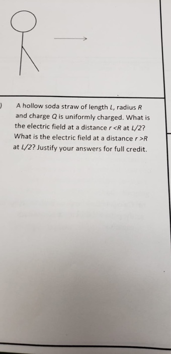 ) A hollow soda straw of length L, radius R and charge Q is uniformly charged. What is the electric field at a distance r <R at L/2? What is the electric field at a distance r >R at L/2? Justify your answers for full credit.