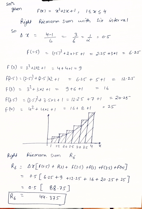 soiu given FQ) x?+2x+1, 15254 Riemann sum with six interval Right so A2 = 4-1 6 ㅗ alw o.s. a F (1.5) (1-5)2 + 2x1.5 +1 -2.25
