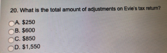 20. What is the total amount of adjustments on Evies tax return? OA. $250 B. $600 C. $850 D. $1,550