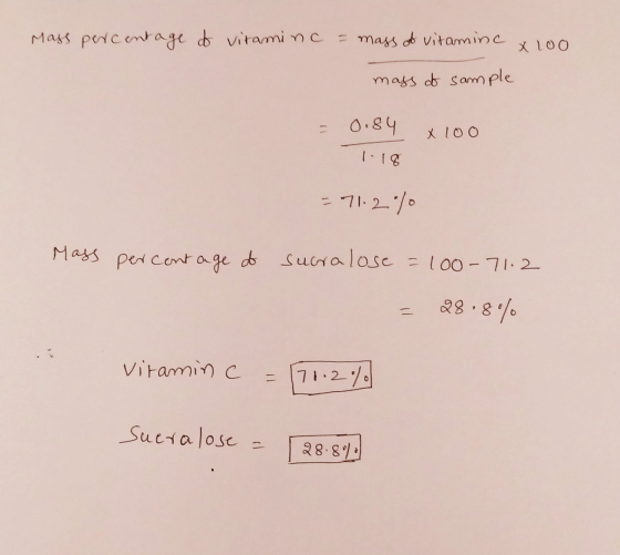 Mass percentage of vitaminc = mass of vitamine X 100 mass of sample 1) 0.84 1:18 =71.2010 Mass percentage of sucralose = 100-