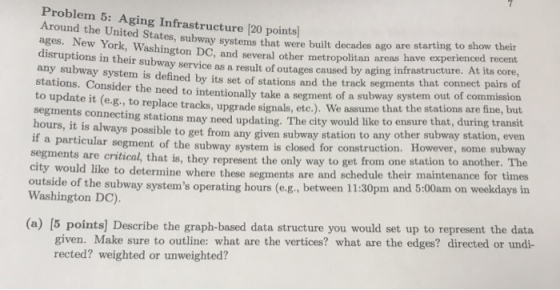 Problem 5: Aging Infrastructure [20 points Around the United States, subway systems that were built decades ago are ages. New
