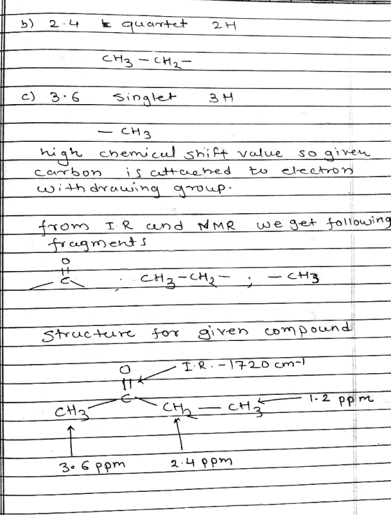 2 4 E quartet 2H CH3 c) 3. 6 singket 3H CH3 hiqh chemicul shift vulue is cttaehed with drauing goup So qiven edeetron carrbon