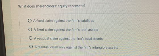What does shareholders equity represent? O A fixed claim against the firms liabilities O A fixed claim against the firms t