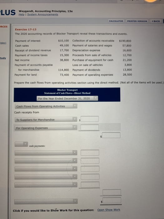 LIIS LU Weygandt, Accounting Principles, 13e Help System Announcements CALCULATOR PRINTER VERSION BACK RCES Exercise 17-13 Th