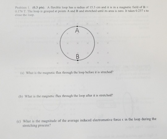 Problem i. (0.3 pts) A flexible loop has a radius of 15.3 cm and it is in a magnetic field of B- 0.176 T. The loop is grasped