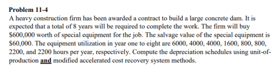 Problem 11-4 A heavy construction firm has been awarded a contract to build a large concrete dam. It is expected that a total