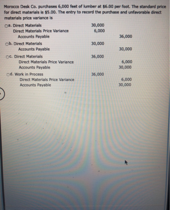 Morocco Desk Co. purchases 6,000 feet of lumber at $6.00 per foot. The standard price for direct materials is $5.00. The entr