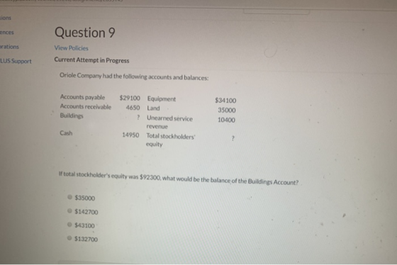 sions ences orations Question 9 View Policies Current Attempt in Progress LUS Support Oriole Company had the following accoun