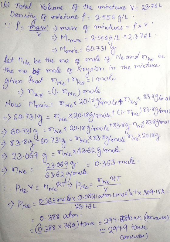 (6) Total volume of the mintune v= 23.762 Density of mintune f = 2.556 9/1 - mass mass of mixture = fxr. -) Momin = 2.556 g/L