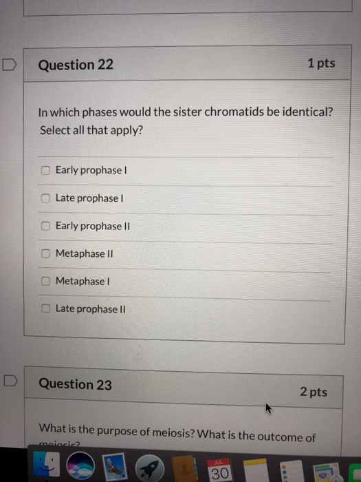 Question 22 1 pts In which phases would the sister chromatids be identical? Select all that apply? Early prophase 1 Late prop