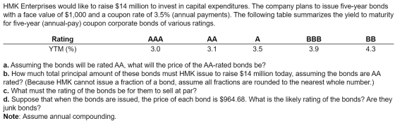 HMK Enterprises would like to raise $14 million to invest in capital expenditures. The company plans to issue five-year bonds