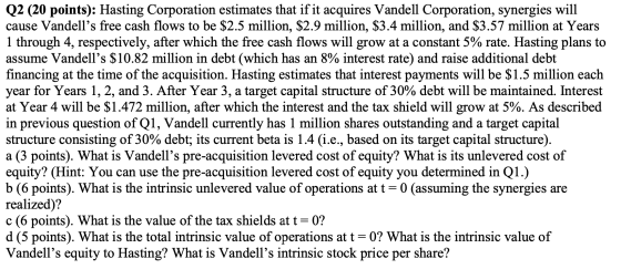Q2 (20 points): Hasting Corporation estimates that if it acquires Vandell Corporation, synergies will cause Vandells free ca