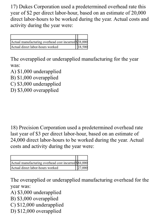 17) Dukes Corporation used a predetermined overhead rate this year of $2 per direct labor-hour, based on an estimate of 20,00
